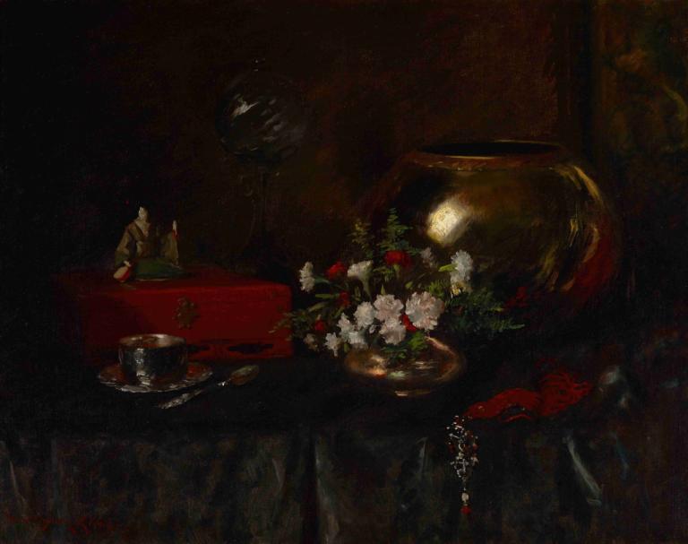 Still Life (Brass Bowl),William Merritt Chase,Oil Painting,Oil Painting, flower, white flower, bottle, dark