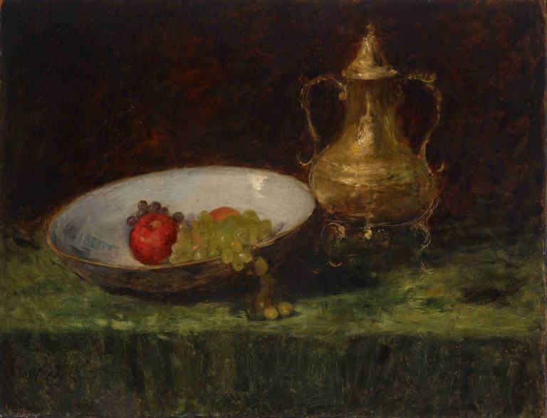 Still Life,William Merritt Chase,Oil Painting,Oil Painting, food, no humans, fruit, grass, chair, apple