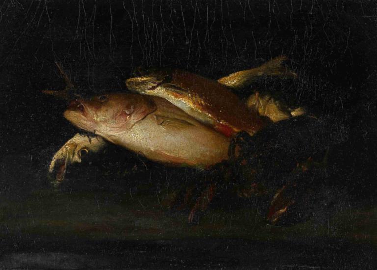 Still Life with Fish,William Merritt Chase,Oil Painting,Oil Painting, rain, no humans, fish, animal