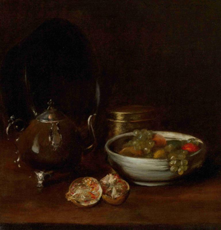 Still Life with Tea Kettle and Fruit,William Merritt Chase,Oil Painting,Oil Painting, bowl, food, dark