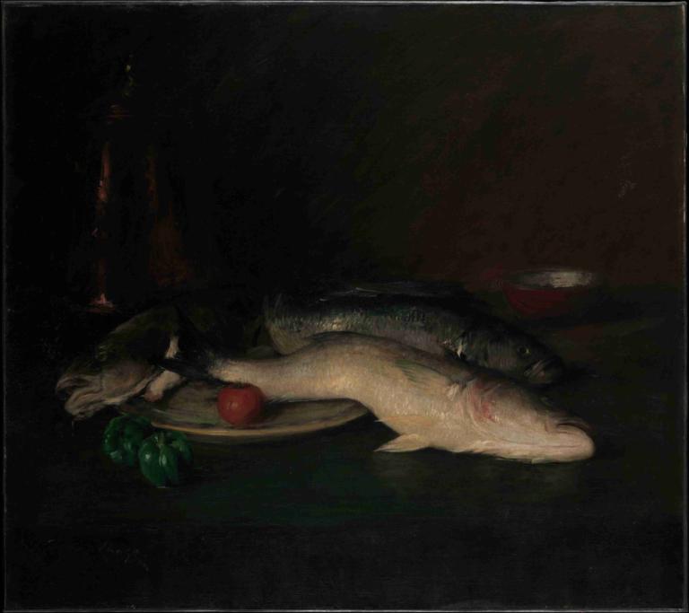 Still Life; Fish,William Merritt Chase,Oil Painting,Oil Painting, food, no humans, fruit, solo, dark, apple