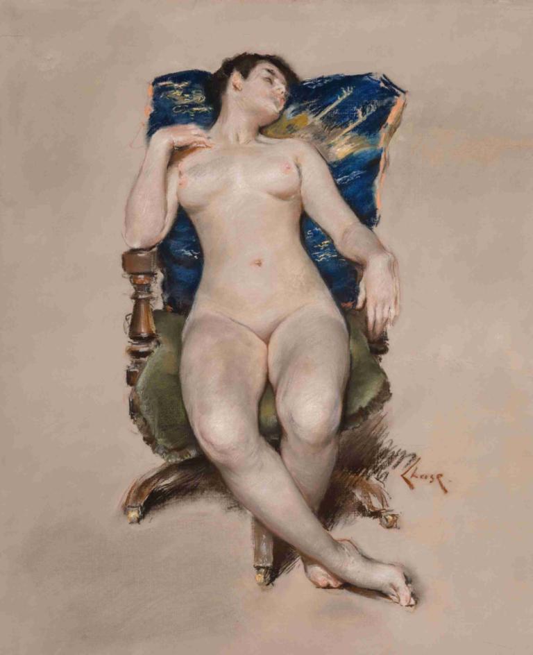 Untitled (Nude Resting in a Chair),Utan titel (Naken vilar i en stol),William Merritt Chase,Oljemålning