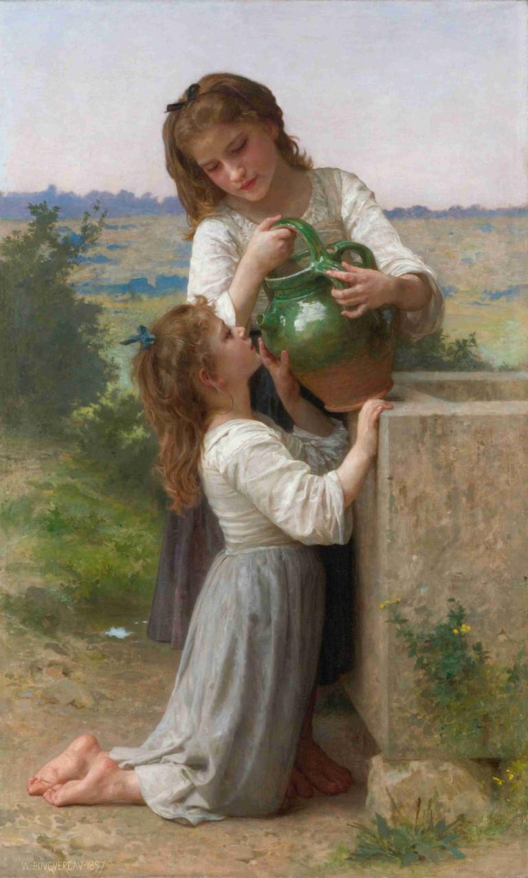 À La Fontaine (At The Fountain),在喷泉边,William-Adolphe Bouguereau,威廉-阿道夫-布格罗,油画,油画, 美术模仿, 赤脚, 多个女孩, 2个女孩, 户外