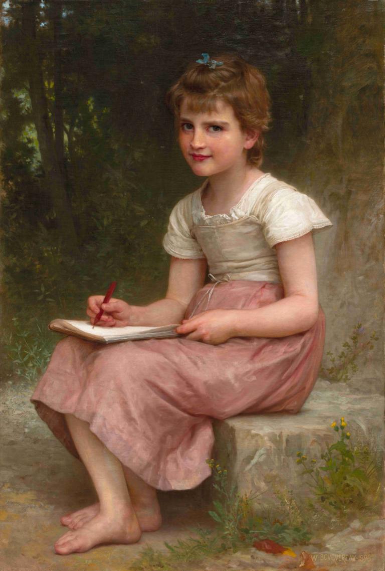 A Calling,William-Adolphe Bouguereau,Oil Painting,Oil Painting, 1girl, barefoot, solo, sitting, skirt