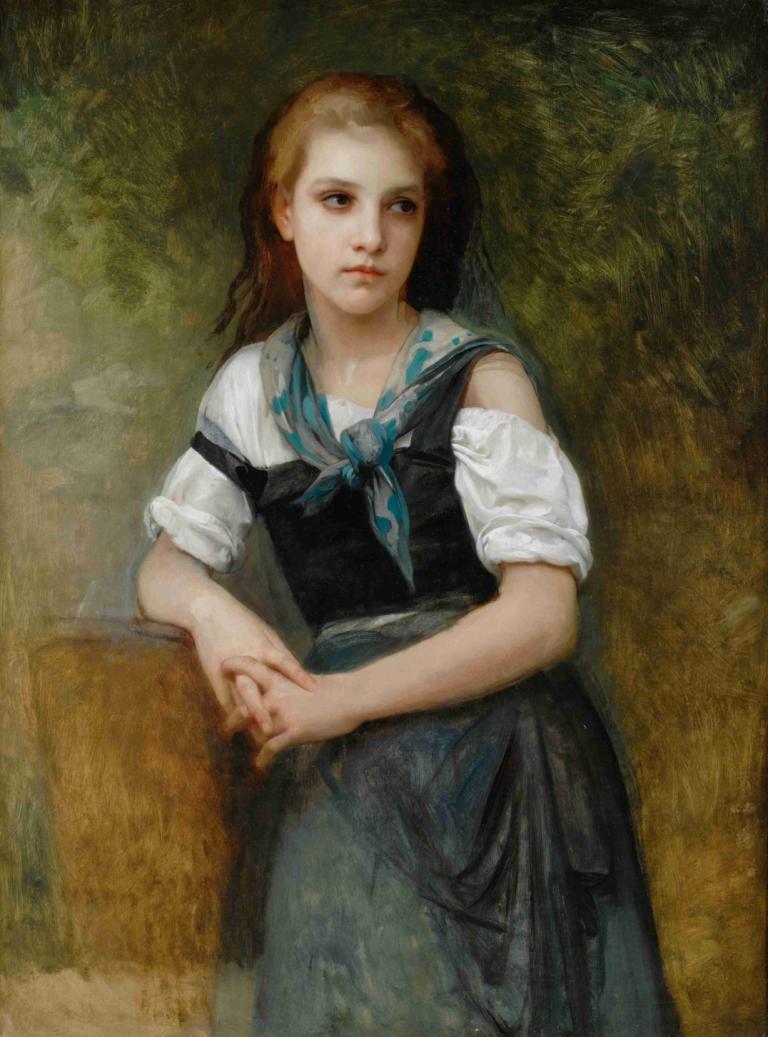 A Study For The Secret,William-Adolphe Bouguereau,Oil Painting,Oil Painting, 1girl, solo, neckerchief