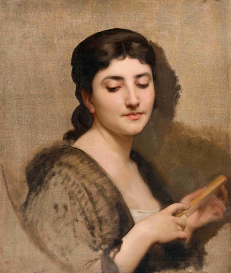 A Young Woman with a Fan,扇子を持つ若い女性,William-Adolphe Bouguereau,ウィリアム＝アドルフ・ブグロー,油絵,油絵, 1女の子, ソロ, 美術パロディ, 黒髪