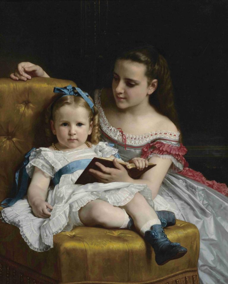 A portrait of Eva and Frances Johnston,William-Adolphe Bouguereau,Oil Painting,Oil Painting, 2girls, book