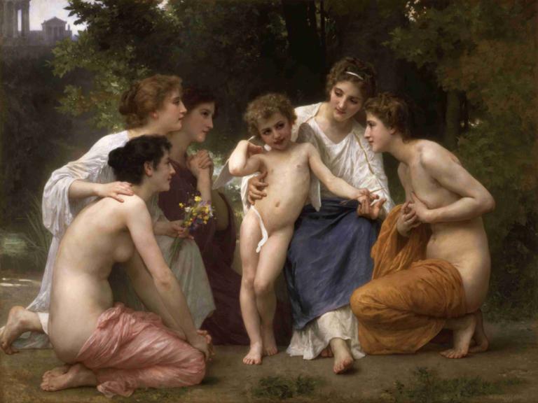 Admiration,称賛,William-Adolphe Bouguereau,ウィリアム＝アドルフ・ブグロー,油絵,油絵, 美術パロディ, 複数の女の子, 胸, ヌード, 裸足, 現実的な, パロディー, 屋外