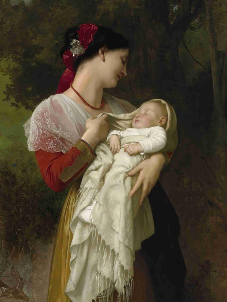 Admiration Maternelle,Mors beundring,William-Adolphe Bouguereau,Oljemaleri,Oljemaleri, flere jenter, baby