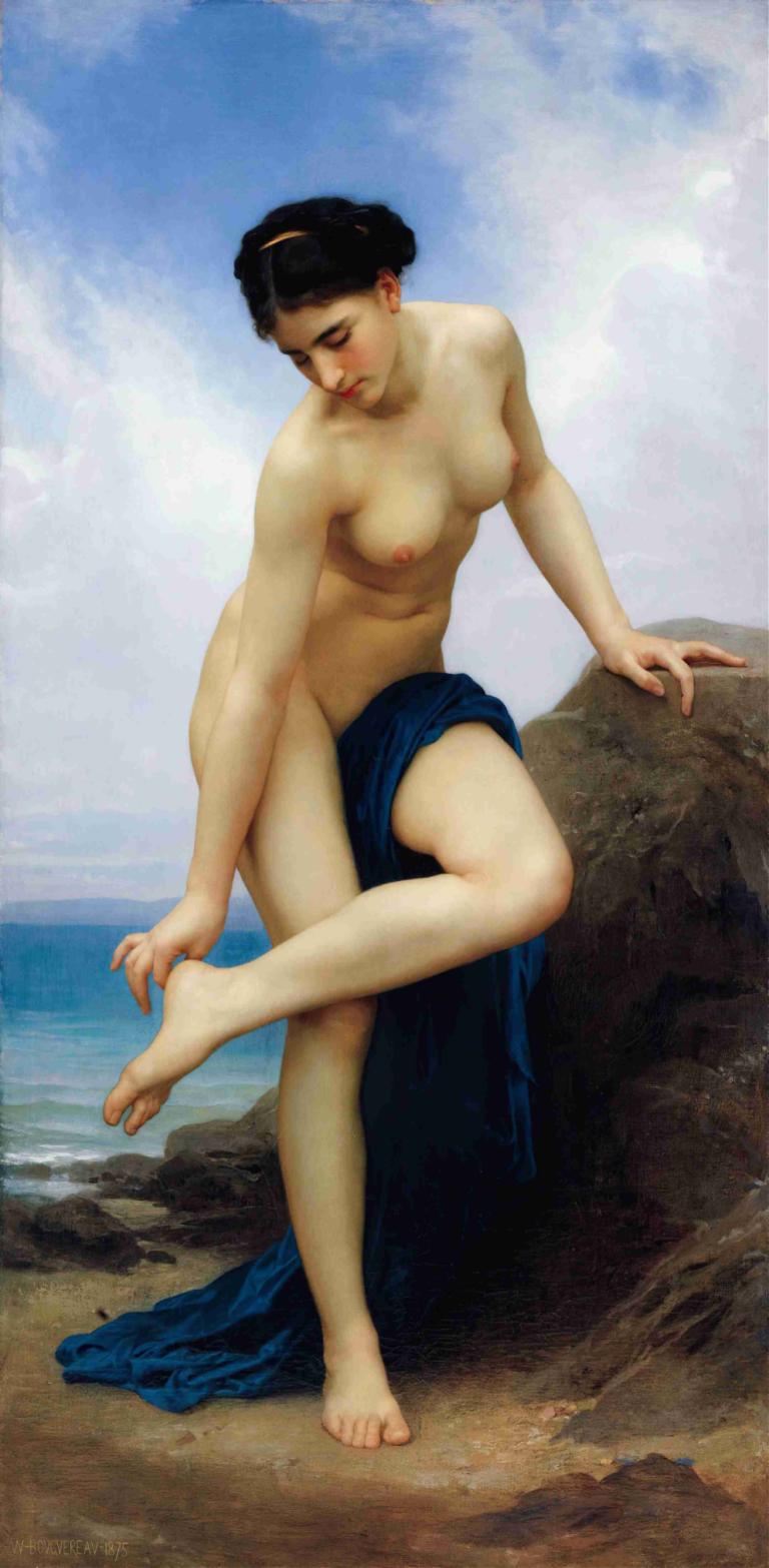 After the Bath,William-Adolphe Bouguereau,Oil Painting,Oil Painting, 1girl, fine art parody, solo, nipples