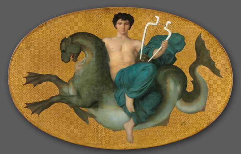 Arion on a Sea Horse,William-Adolphe Bouguereau,Oil Painting,Oil Painting, 1boy, male focus, black hair