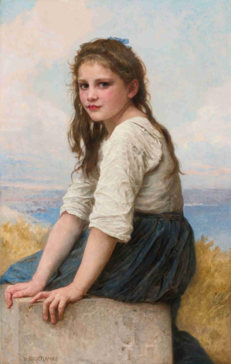 Au Bord De La Mer,William-Adolphe Bouguereau,威廉-阿道夫-布格罗,油画,油画, 1个女孩, 独奏, 实际的, 裙子, 长发, 看着观众, 户外, 棕色的头发, 衬衫, 坐着