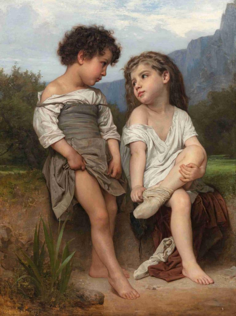 Au bord du ruisseau,小川のほとりで,William-Adolphe Bouguereau,ウィリアム＝アドルフ・ブグロー,油絵,油絵, 女の子2人, 複数の女の子, 裸足, 屋外, 美術パロディ