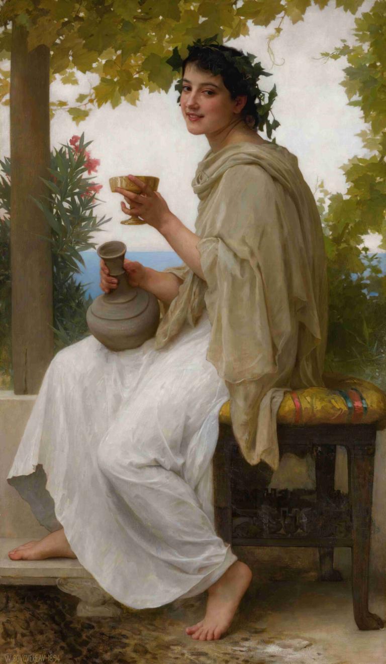 Bacchante,William-Adolphe Bouguereau,威廉-阿道夫-布格罗,油画,油画, 赤脚, 美术模仿, 独奏, 黑发, 坐着, 杯子, 实际的, 长袍, 1男孩, 男性焦点, 捧杯, 保持