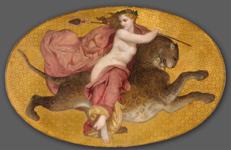 Bacchante on a Panther,骑豹的巴克斯特,William-Adolphe Bouguereau,威廉-阿道夫-布格罗,油画,油画, 美术模仿, 1个女孩, 赤脚, 独奏, 日本衣服, 箭（射弹）