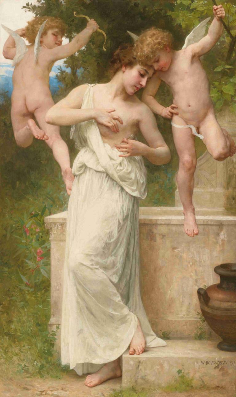 Blessures D'amour,William-Adolphe Bouguereau,威廉-阿道夫-布格罗,油画,油画, 美术模仿, 翅膀, 多个男孩, 实际的, 赤脚, 裸体, 戏仿, 天使, 金头发, 阴茎