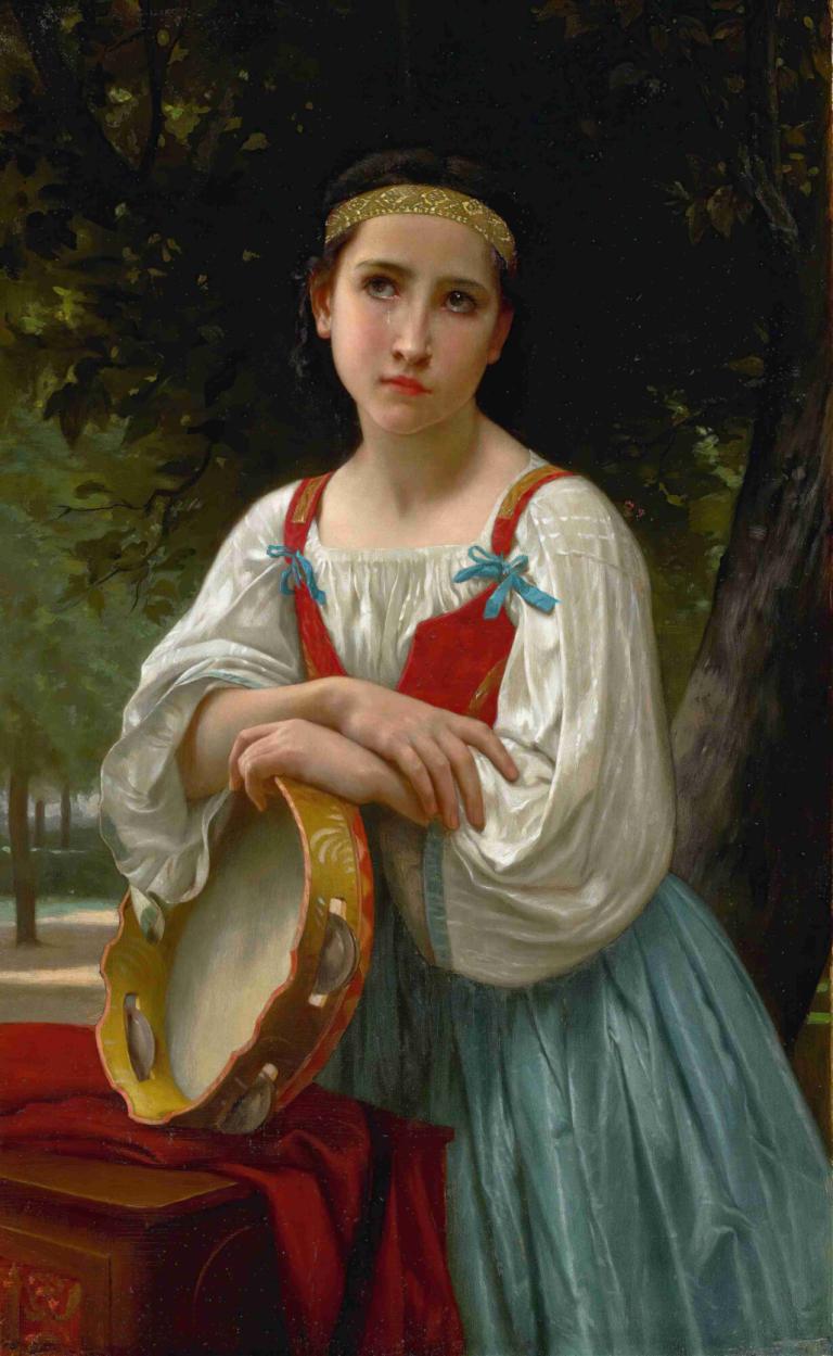 Bohémienne Au Tambour De Basque,William-Adolphe Bouguereau,Oil Painting,Oil Painting, 1girl, solo, tree