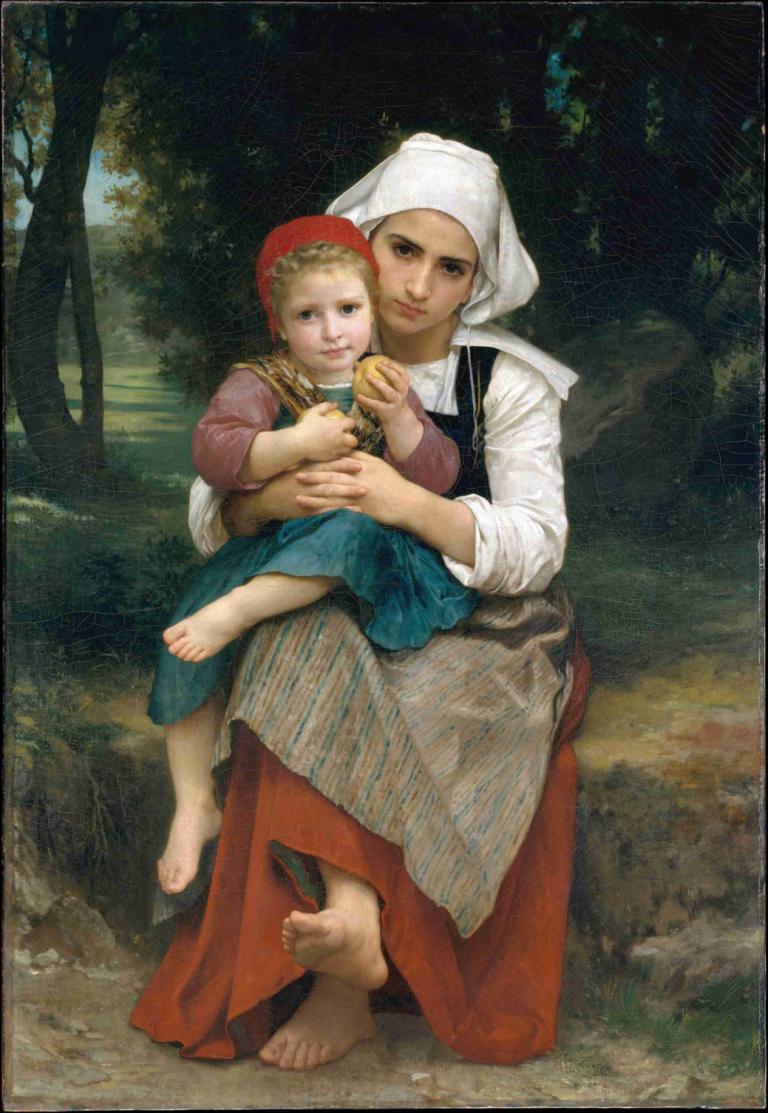 Breton Brother and Sister,布列塔尼兄妹,William-Adolphe Bouguereau,威廉-阿道夫-布格罗,油画,油画, 赤脚, 美术模仿, 金头发, 坐着, 自然, 2个女孩