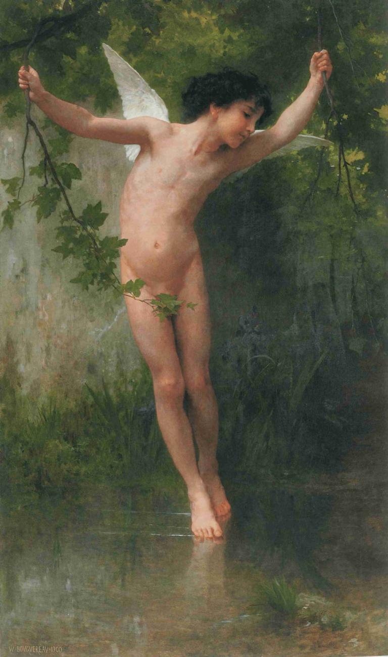 Cupid flying over water,William-Adolphe Bouguereau,Oil Painting,Oil Painting, nude, solo, wings, black hair