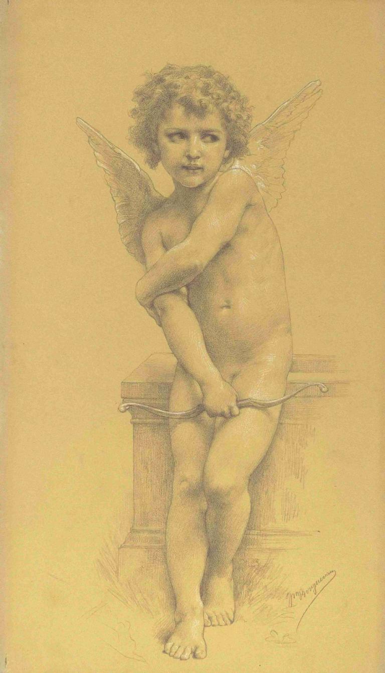 Cupidon et son arc,William-Adolphe Bouguereau,Sketch,Sketch, solo, wings, nude, male focus, 1boy, angel