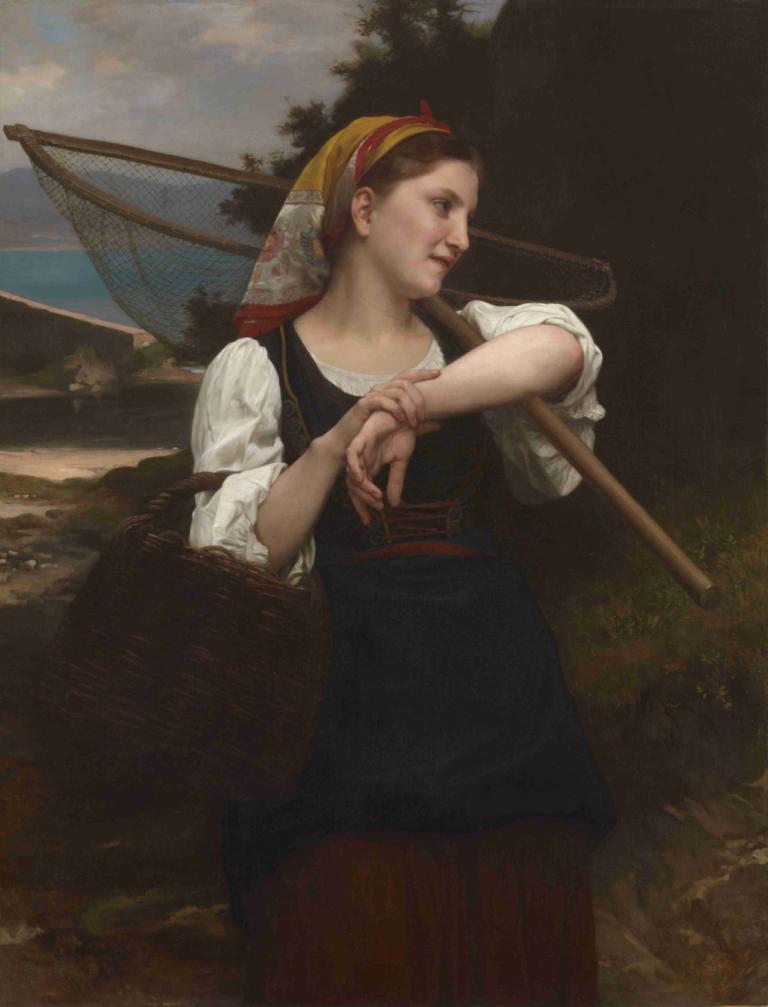 Daughter of Fisherman,漁師の娘,William-Adolphe Bouguereau,ウィリアム＝アドルフ・ブグロー,油絵,油絵, 1女の子, 美術パロディ, ソロ, バスケット, 屋外