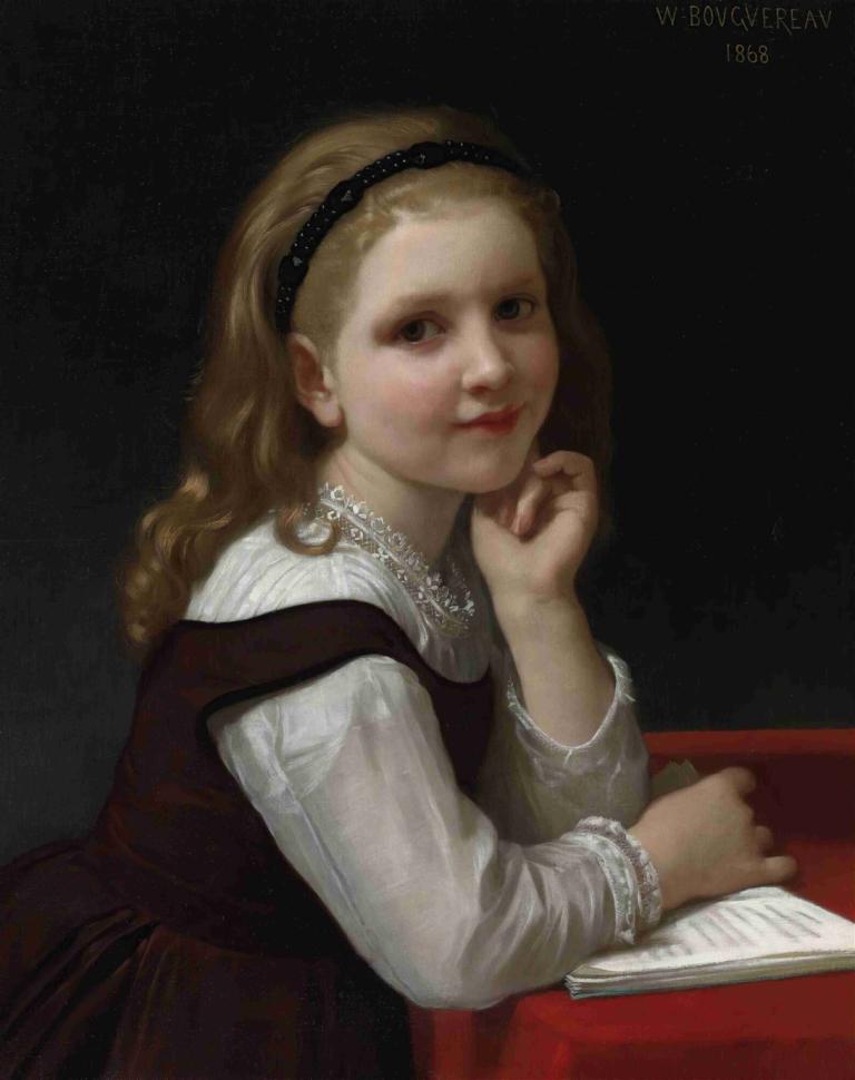 Distraction,William-Adolphe Bouguereau,Oil Painting,Oil Painting, 1girl, solo, realistic, blonde hair