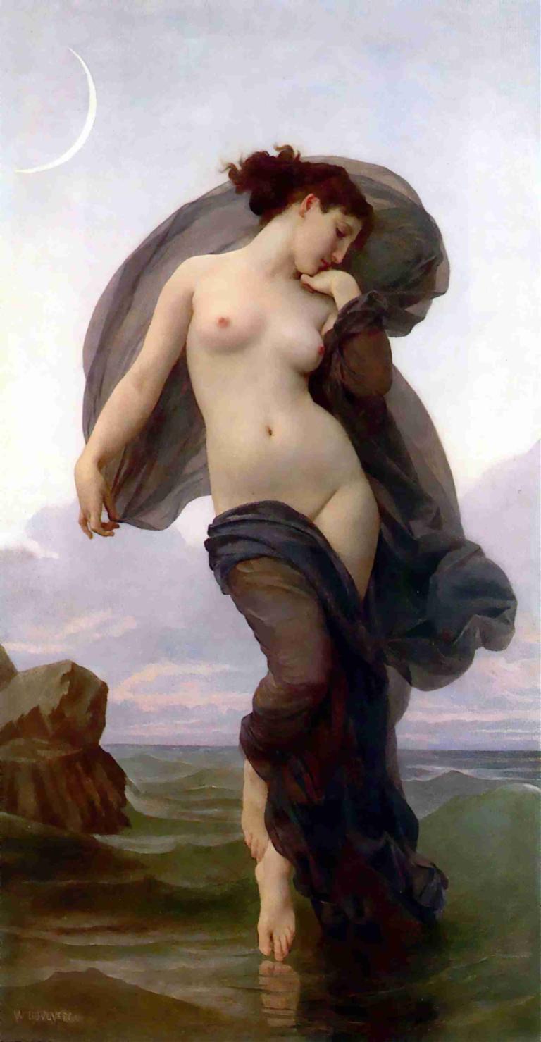 Evening Mood,Ilta tunnelma,William-Adolphe Bouguereau,Öljymaalaus,Öljymaalaus, 1 tyttö, nännit, yksin, rinnat