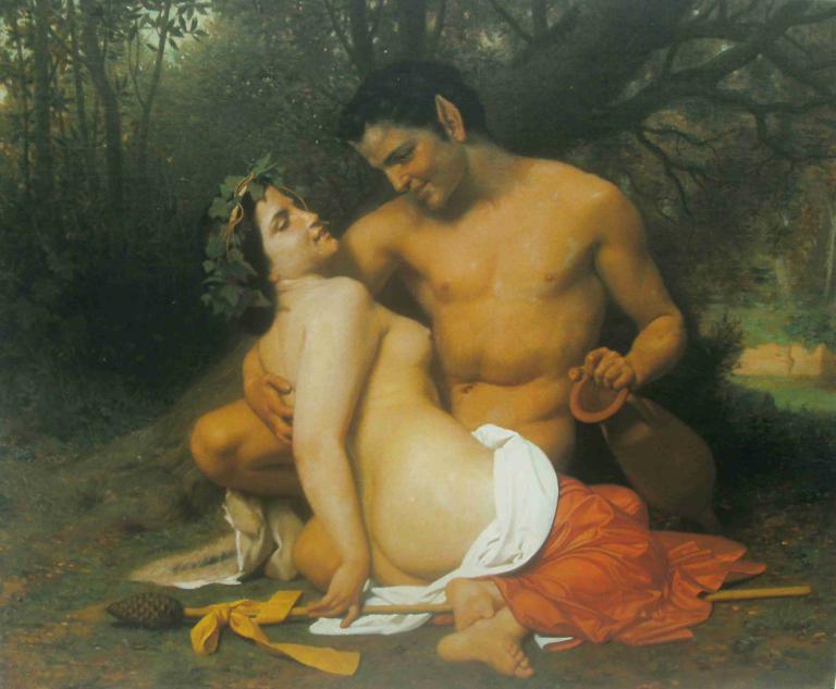 Faun and Bacchante,花仙子与巴肯切特,William-Adolphe Bouguereau,威廉-阿道夫-布格罗,油画,油画, 美术模仿, 1男孩, 1个女孩, 实际的, 自然, 黑发, 乳头