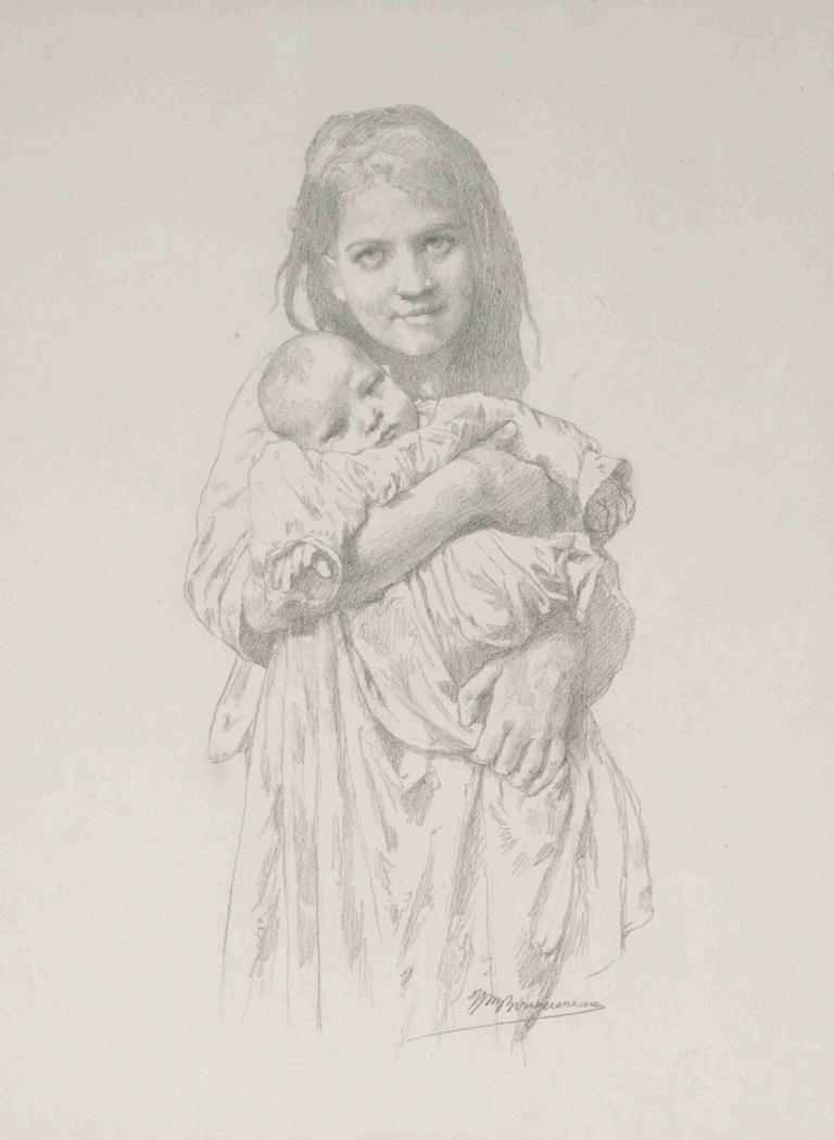 Fillette Et Enfant,女童和儿童,William-Adolphe Bouguereau,威廉-阿道夫-布格罗,素描,素描, 单色, 婴儿, 1个女孩, 携带, 签名, 传统媒体, 灰度, 看着观众