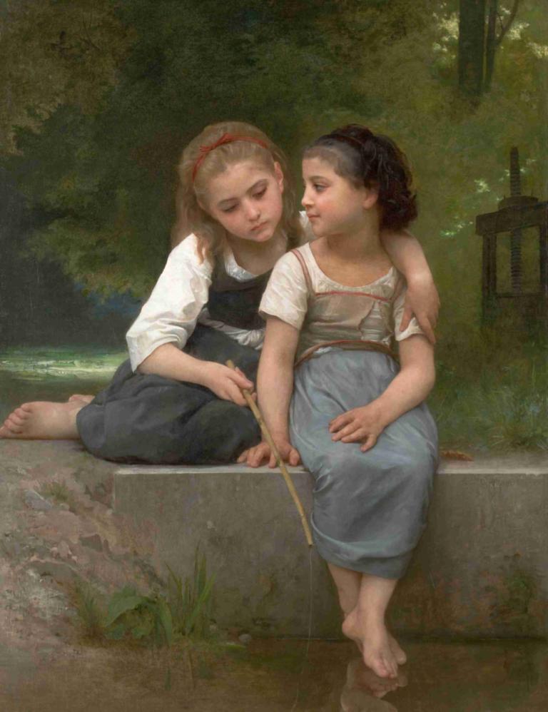 Fishing For Frogs,钓青蛙,William-Adolphe Bouguereau,威廉-阿道夫-布格罗,油画,油画, 多个女孩, 2个女孩, 赤脚, 美术模仿, 坐着, 黑发, 发带, 金头发, 实际的