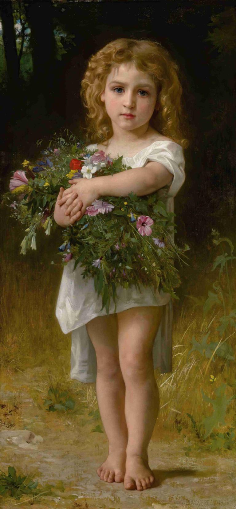 Fleurs De Printemps ,春天的花朵,William-Adolphe Bouguereau,威廉-阿道夫-布格罗,油画,油画, 1个女孩, 赤脚, 金头发, 独奏, 蓝眼睛, 花, 保持, 常设, 全身