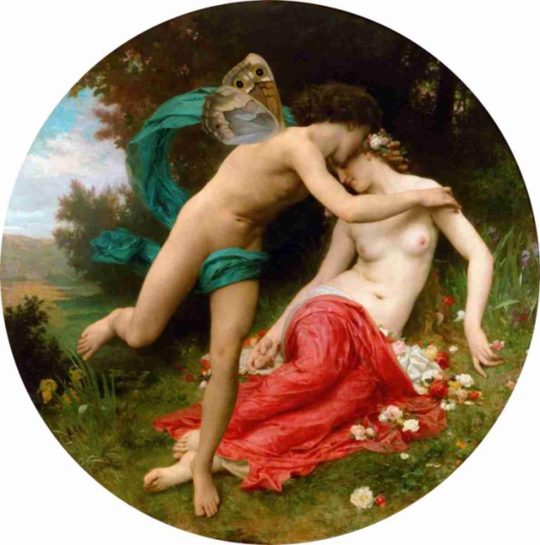 Flora And Zephyr,弗洛拉和泽法,William-Adolphe Bouguereau,威廉-阿道夫-布格罗,油画,油画, 美术模仿, 乳房, 乳头, 裸体, 花, 赤脚, 鸟, 草, 脐, 棕色的头发