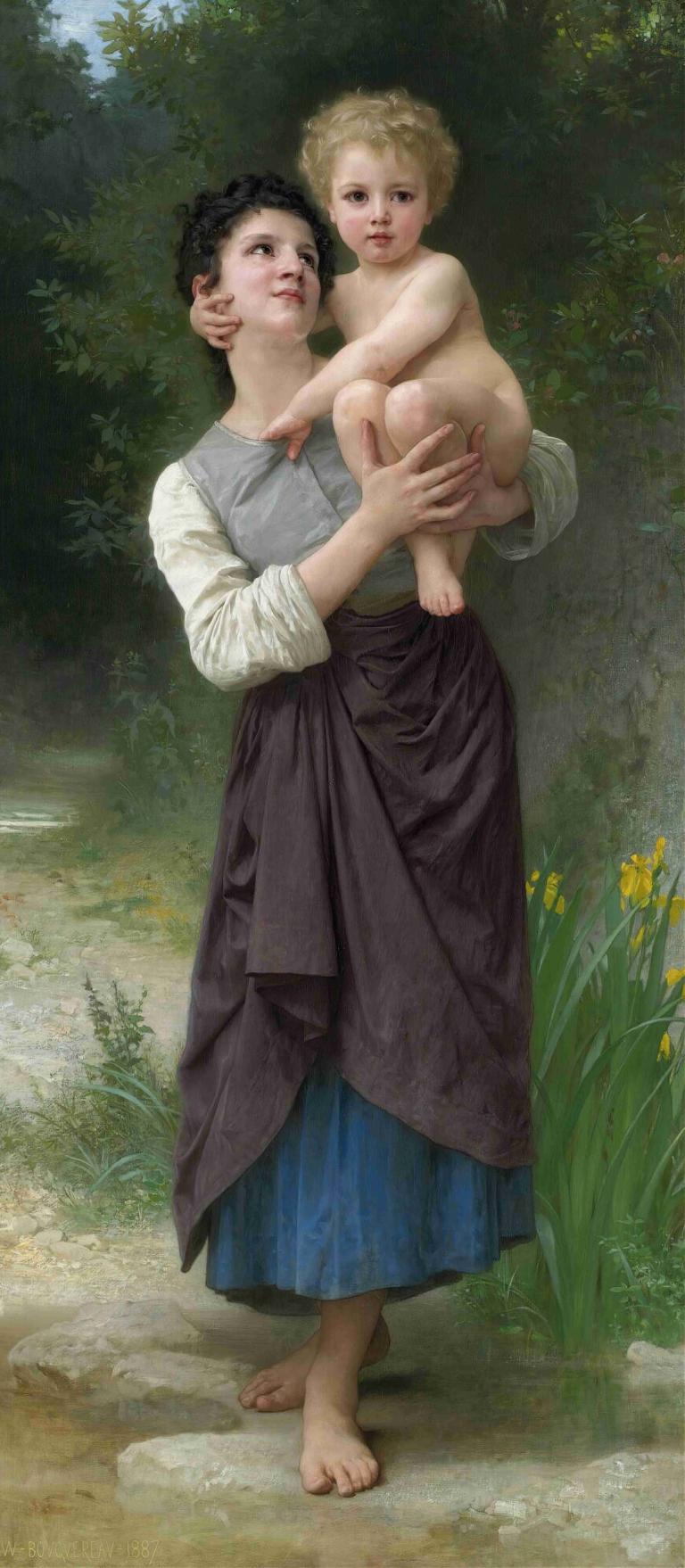 Frère Et Soeur,兄妹,William-Adolphe Bouguereau,威廉-阿道夫-布格罗,油画,油画, 赤脚, 婴儿, 金头发, 实际的, 携带, 黑发, 户外, 1个女孩, 美术模仿, 自然