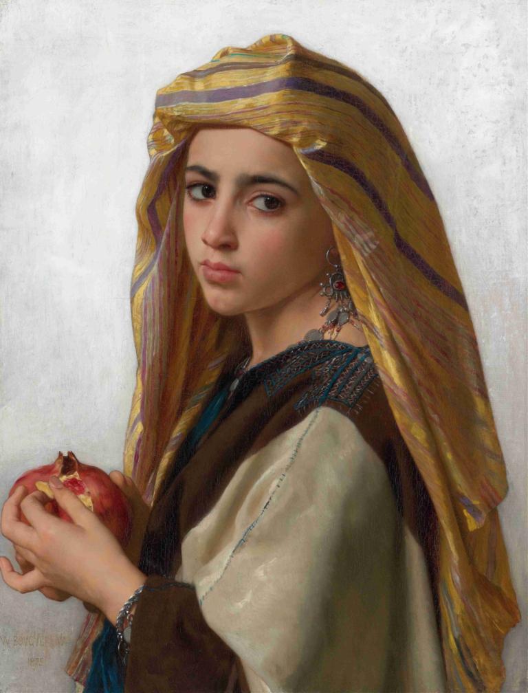 Girl with a pomegranate,抱石榴的女孩,William-Adolphe Bouguereau,威廉-阿道夫-布格罗,油画,油画, 水果, 独奏, 食物, 拿着水果, 拿着食物, 苹果, 保持