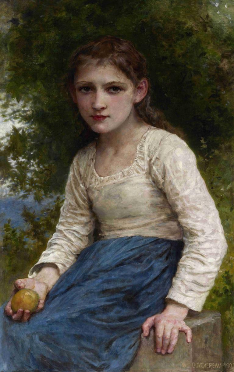 Girl with an Apple,拿苹果的女孩,William-Adolphe Bouguereau,威廉-阿道夫-布格罗,油画,油画, 1个女孩, 独奏, 水果, 实际的, 食物, 棕色的头发, 裙子, 拿着水果