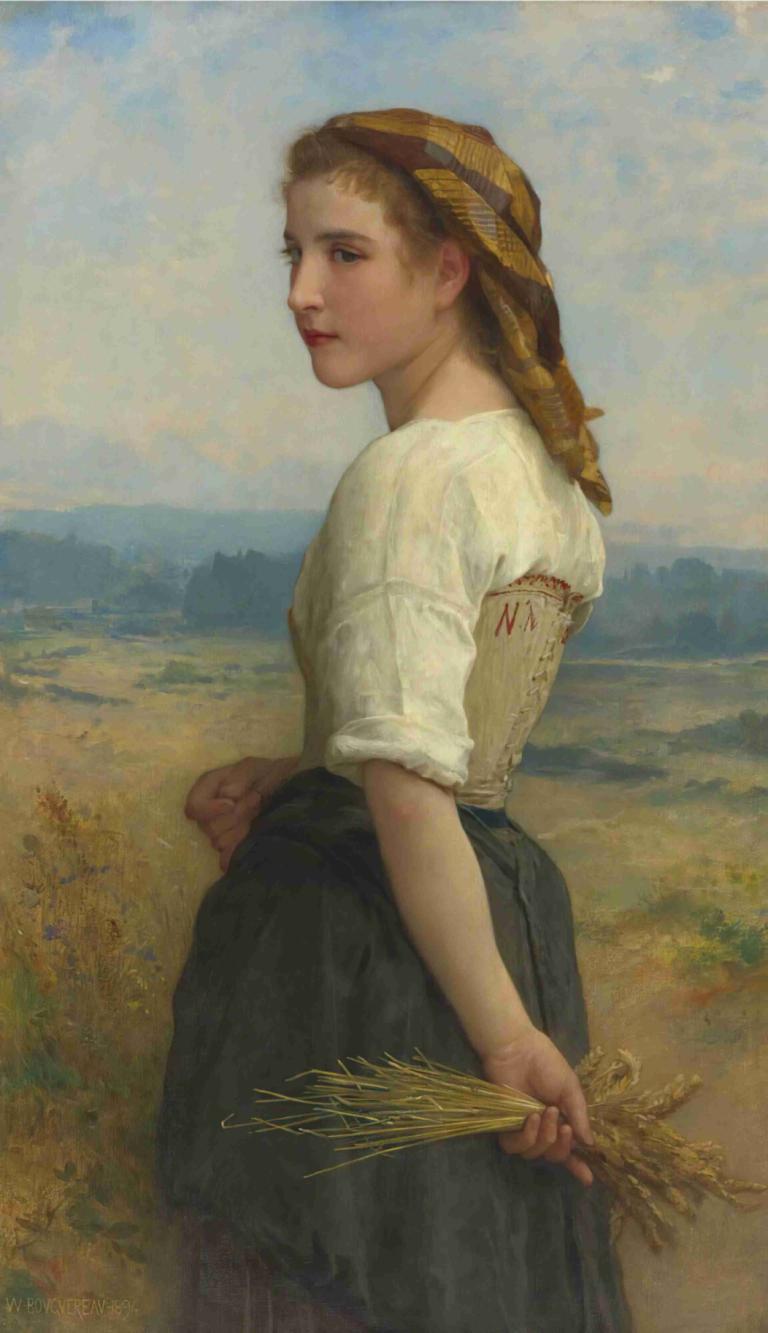 Glaneuse,William-Adolphe Bouguereau,Oil Painting,Oil Painting, 1girl, solo, wheat, outdoors, shirt