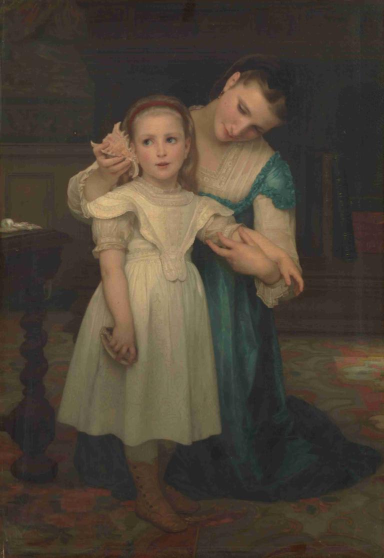 Indoors,William-Adolphe Bouguereau,Oil Painting,Oil Painting, 1girl, dress, 1boy, fine art parody, child