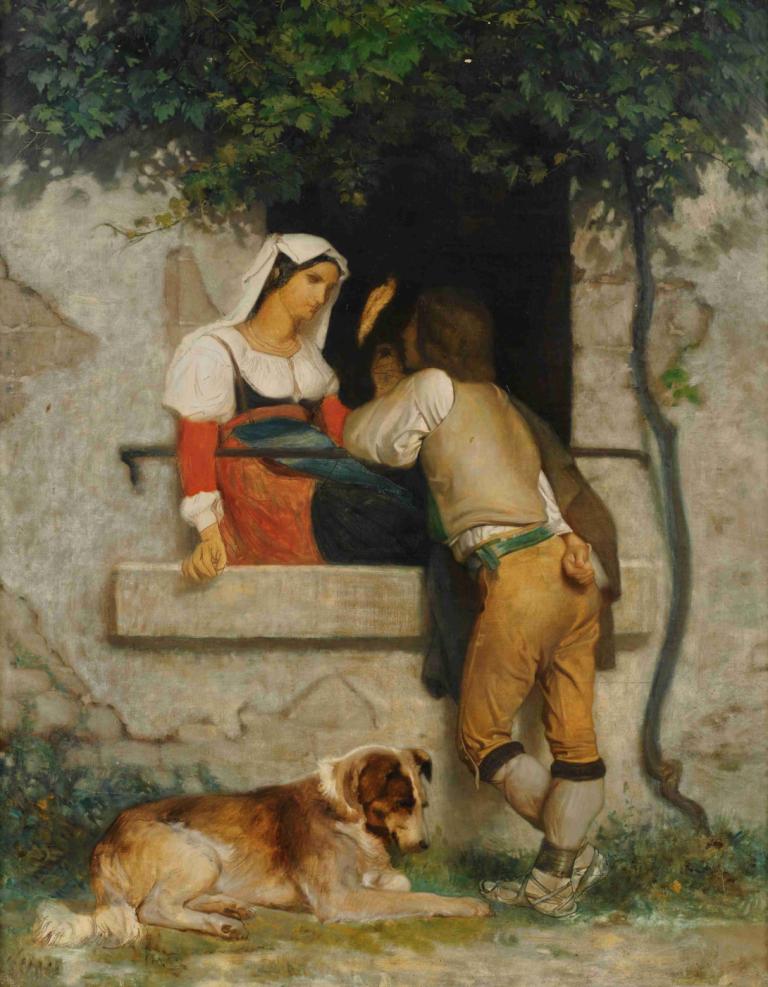 Italian Lovers,William-Adolphe Bouguereau,Oil Painting,Oil Painting, dog, sitting, 1girl, 1boy, tree, pants