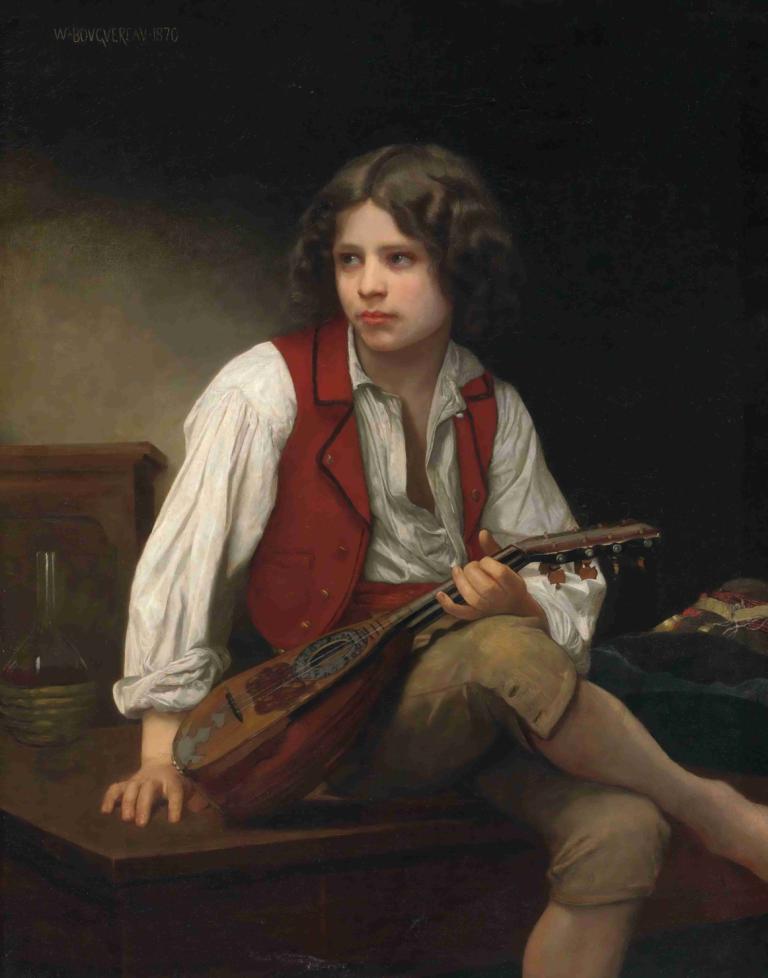 Italien à la mandoline,William-Adolphe Bouguereau,Oil Painting,Oil Painting, solo, instrument, red vest, vest