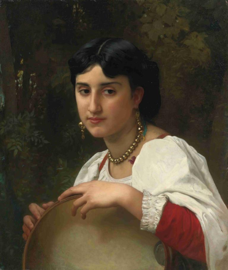 Italienne Au Tambourin,William-Adolphe Bouguereau,Oil Painting,Oil Painting, 1girl, jewelry, solo, black hair