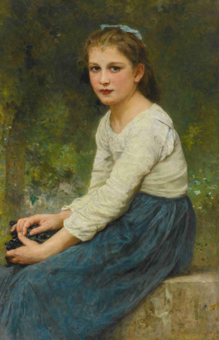 Jeune Fille Aux Raisins,포도를 든 어린 소녀,William-Adolphe Bouguereau,윌리엄-아돌프 부게로,오일 페인팅,오일 페인팅, 여자 1명, 독주, 치마, 현실적인