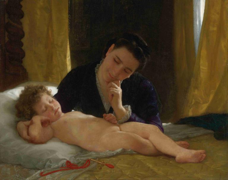 Jeune Mère Contemplant Son Enfant,沉思着自己孩子的年轻母亲,William-Adolphe Bouguereau,威廉-阿道夫-布格罗,油画,油画, 美术模仿, 多个男孩, 裸体