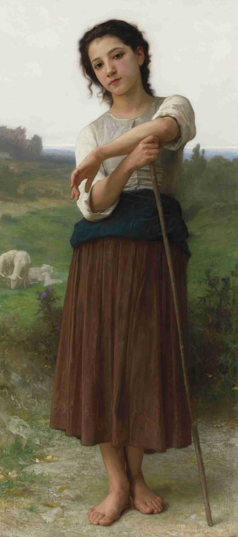 Jeune bergère debout,Mlada pastirka stoji,William-Adolphe Bouguereau,Oljna slika,Oljna slika, 1 dekle, bosi