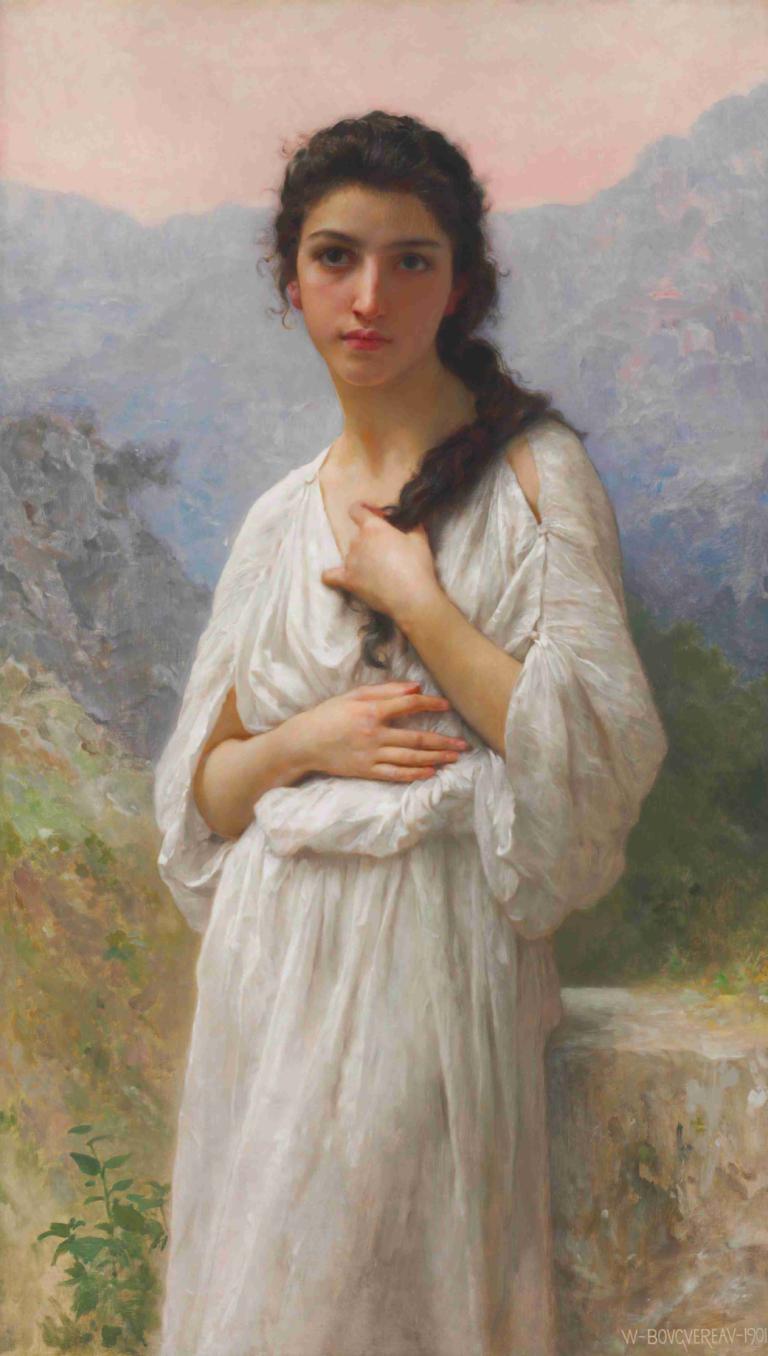 L'Attente,关注,William-Adolphe Bouguereau,威廉-阿道夫-布格罗,油画,油画, 1个女孩, 独奏, 实际的, 美术模仿, 长发, 裙子, 黑发, 户外, 白色礼服, 山, 常设