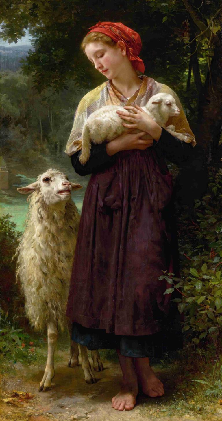 L'agneau Nouveau-Né (The Newborn Lamb),新生羔羊,William-Adolphe Bouguereau,威廉-阿道夫-布格罗,油画,油画, 1个女孩, 赤脚, 美术模仿, 自然