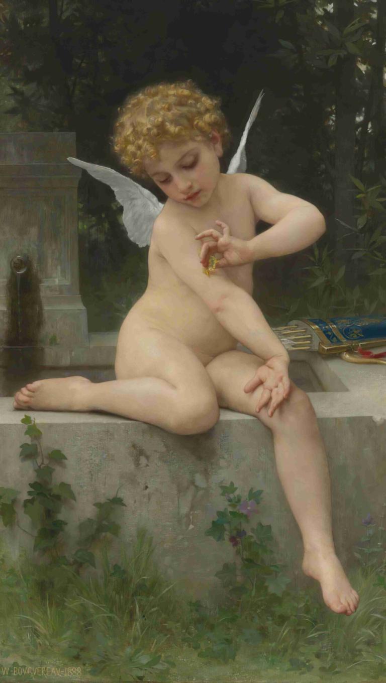 L'amour Au Papillon,William-Adolphe Bouguereau,威廉-阿道夫-布格罗,油画,油画, 翅膀, 美术模仿, 金头发, 裸体, 独奏, 坐着, 赤脚, 闭着眼睛, 1个女孩, 草