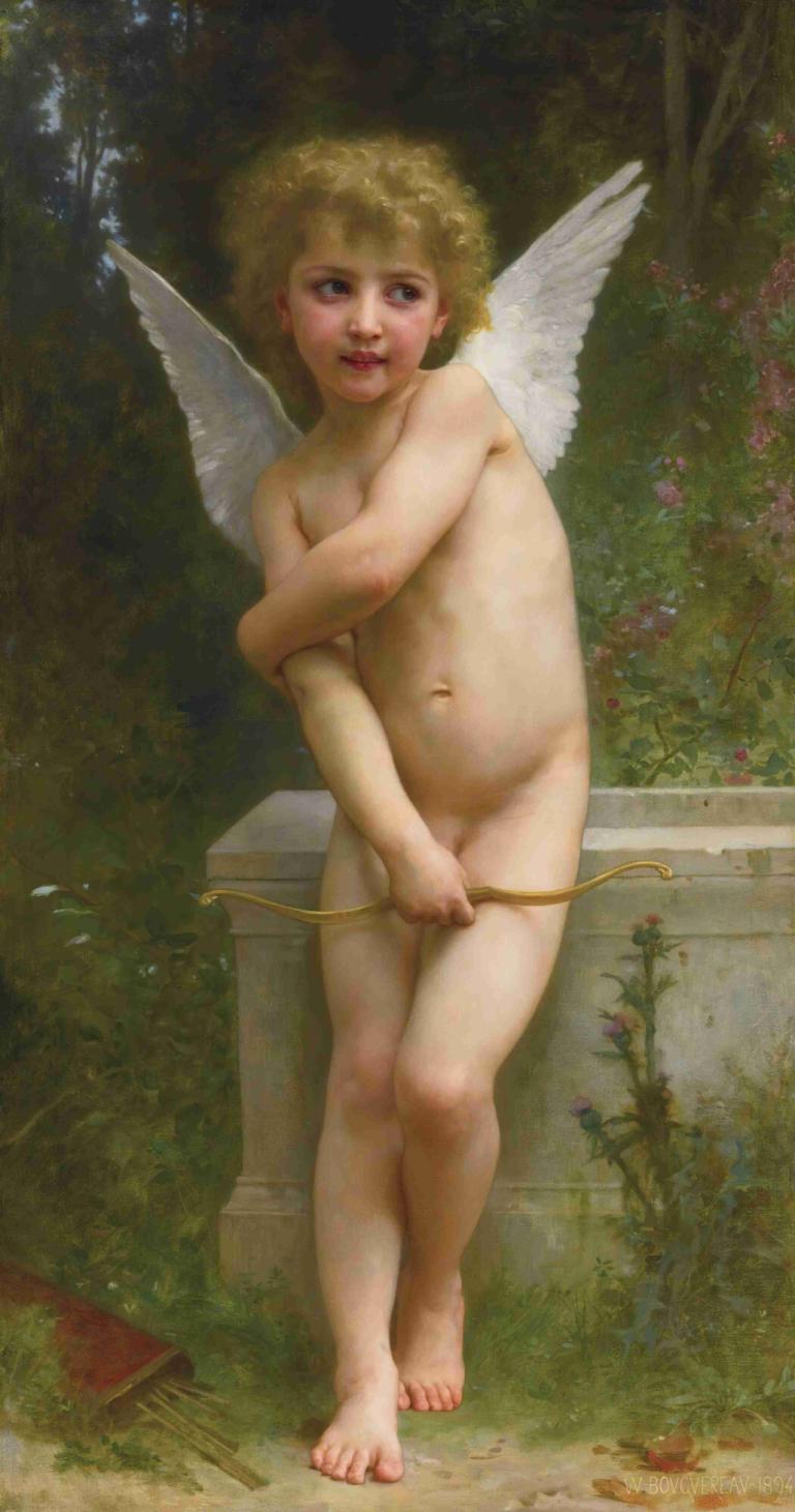 L'amour Piqué ,皮克之爱,William-Adolphe Bouguereau,威廉-阿道夫-布格罗,油画,油画, 独奏, 男性焦点, 翅膀, 金头发, 1男孩, 美术模仿, 裸体, 脐, 户外, 实际的