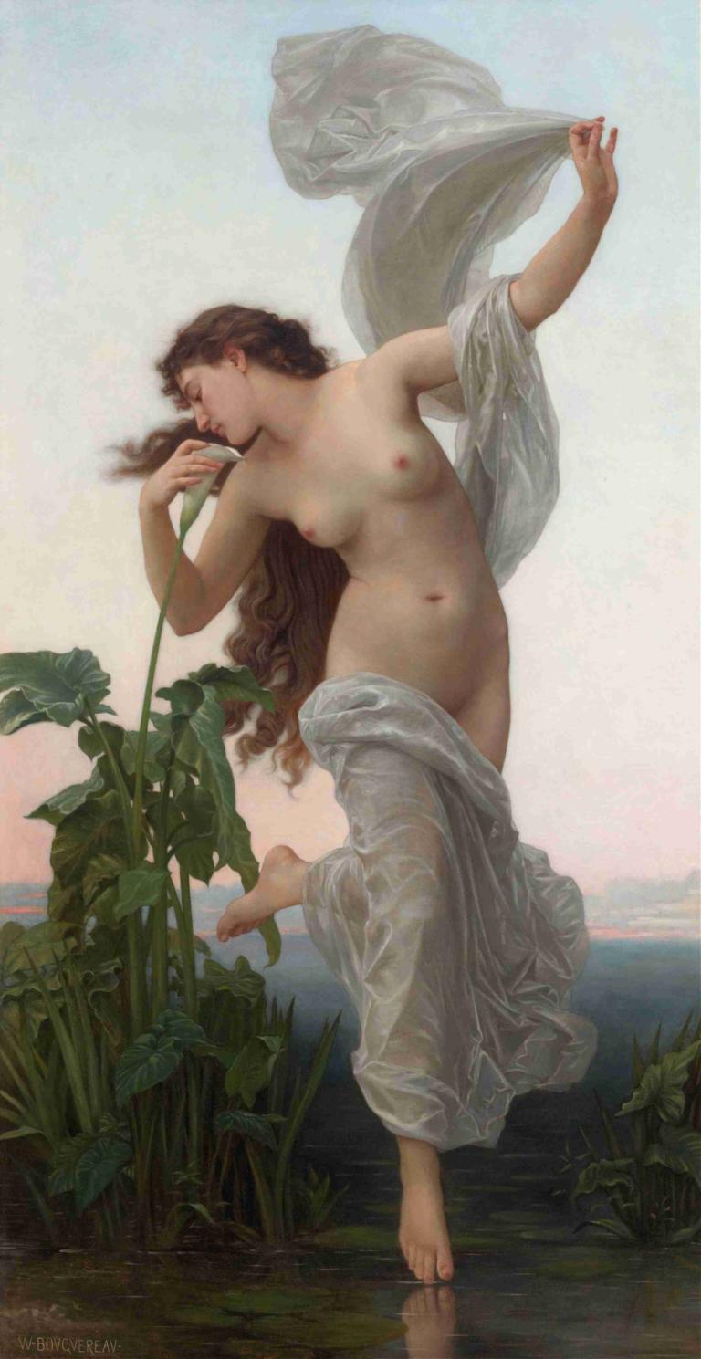 L'aurore,William-Adolphe Bouguereau,Oil Painting,Oil Painting, 1girl, nipples, long hair, breasts, barefoot