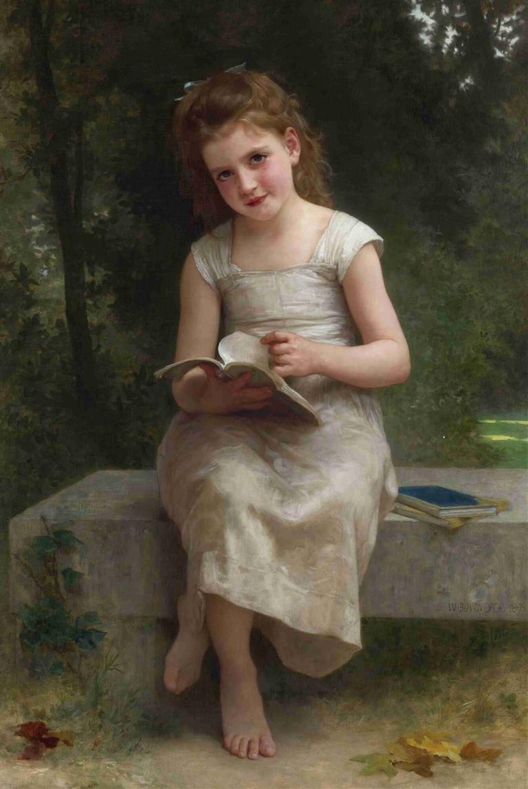 La Liseuse,Bralec,William-Adolphe Bouguereau,Oljna slika,Oljna slika, 1 dekle, bosi, realističen, solo