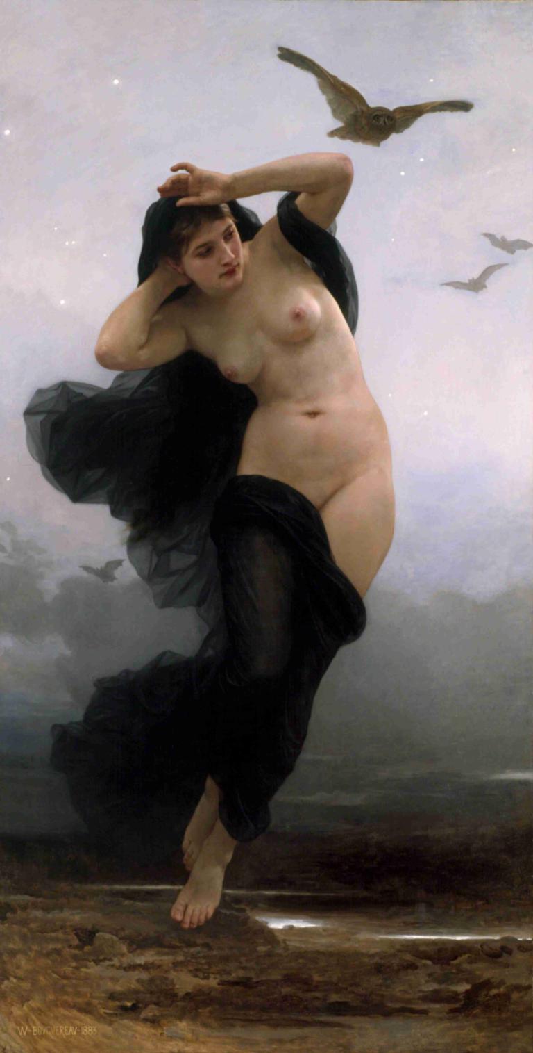 La Nuit,De Nacht,William-Adolphe Bouguereau,Olieverf,Olieverf, 1meisje, borsten, tepels, vogel